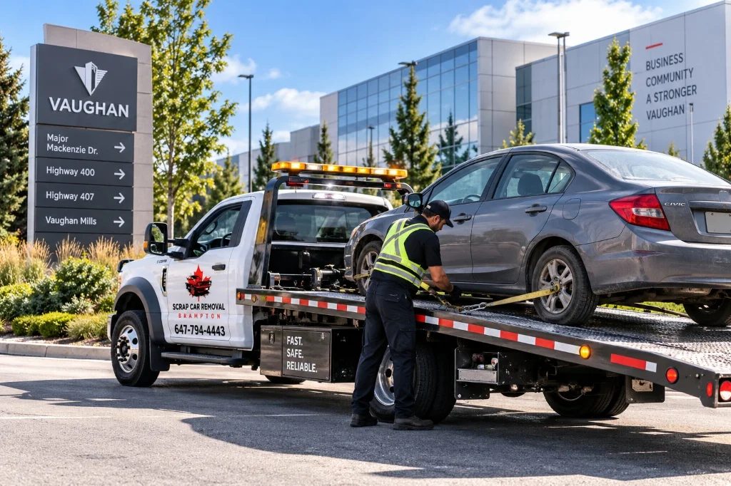 Illustrative mobile scrap car pickup service in a Vaughan commercial area