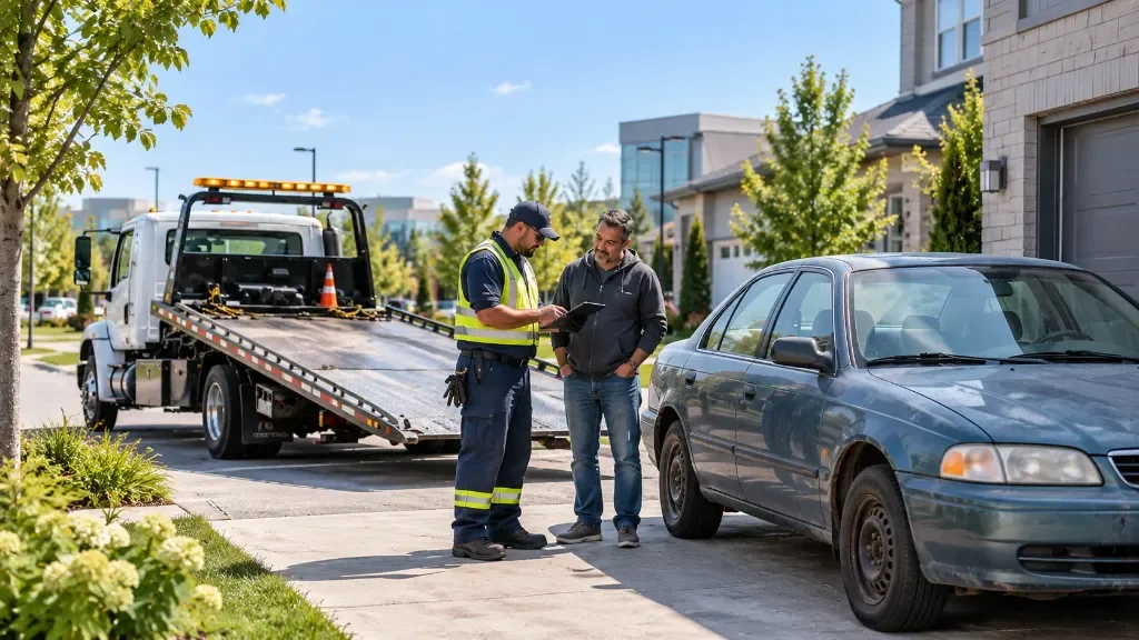 Illustrative vehicle owner discussing a mobile scrap car pickup with a tow operator
